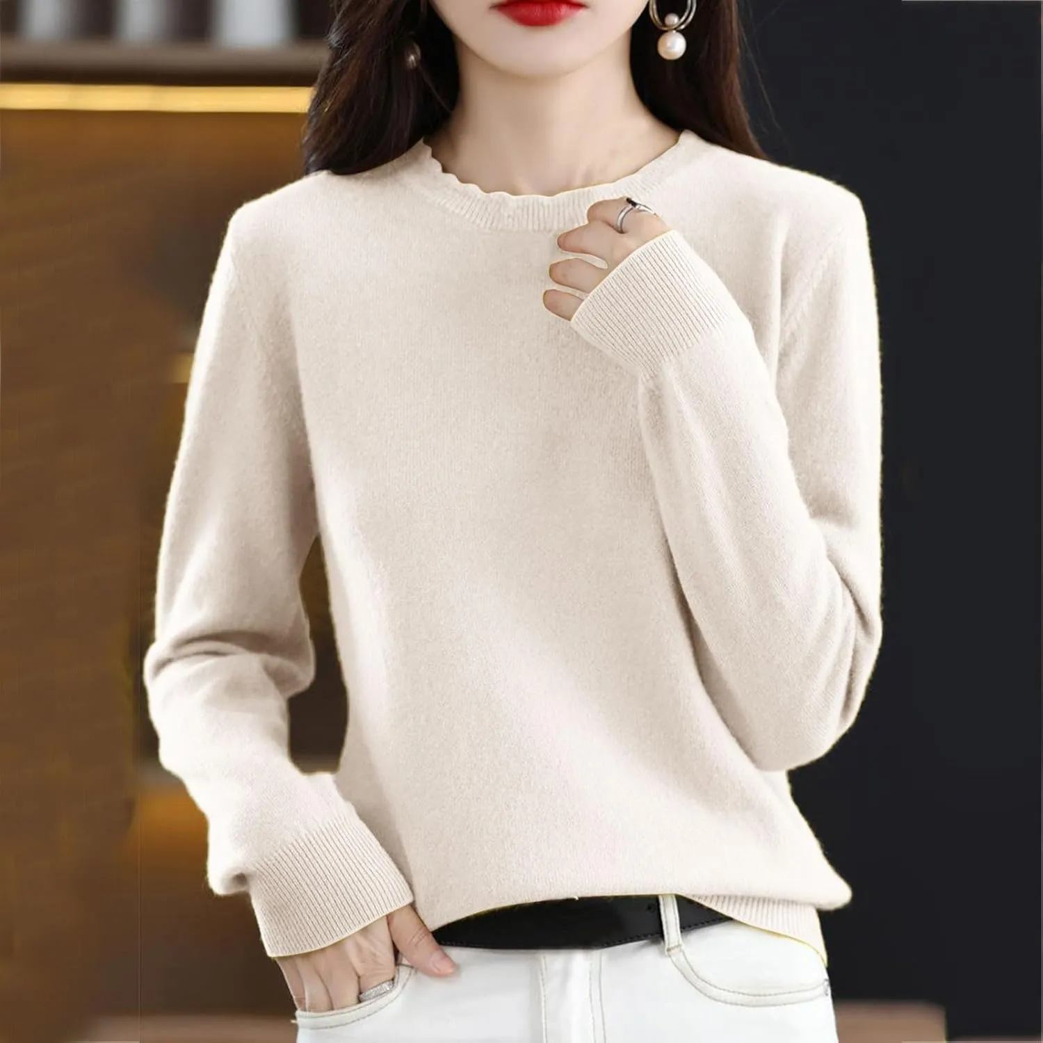 Women's Sweater Crewneck Cashmere Solid Color Long Sleeve Bottoming Shirt Pullover Tops Trendy Thermal Shirt Outfits