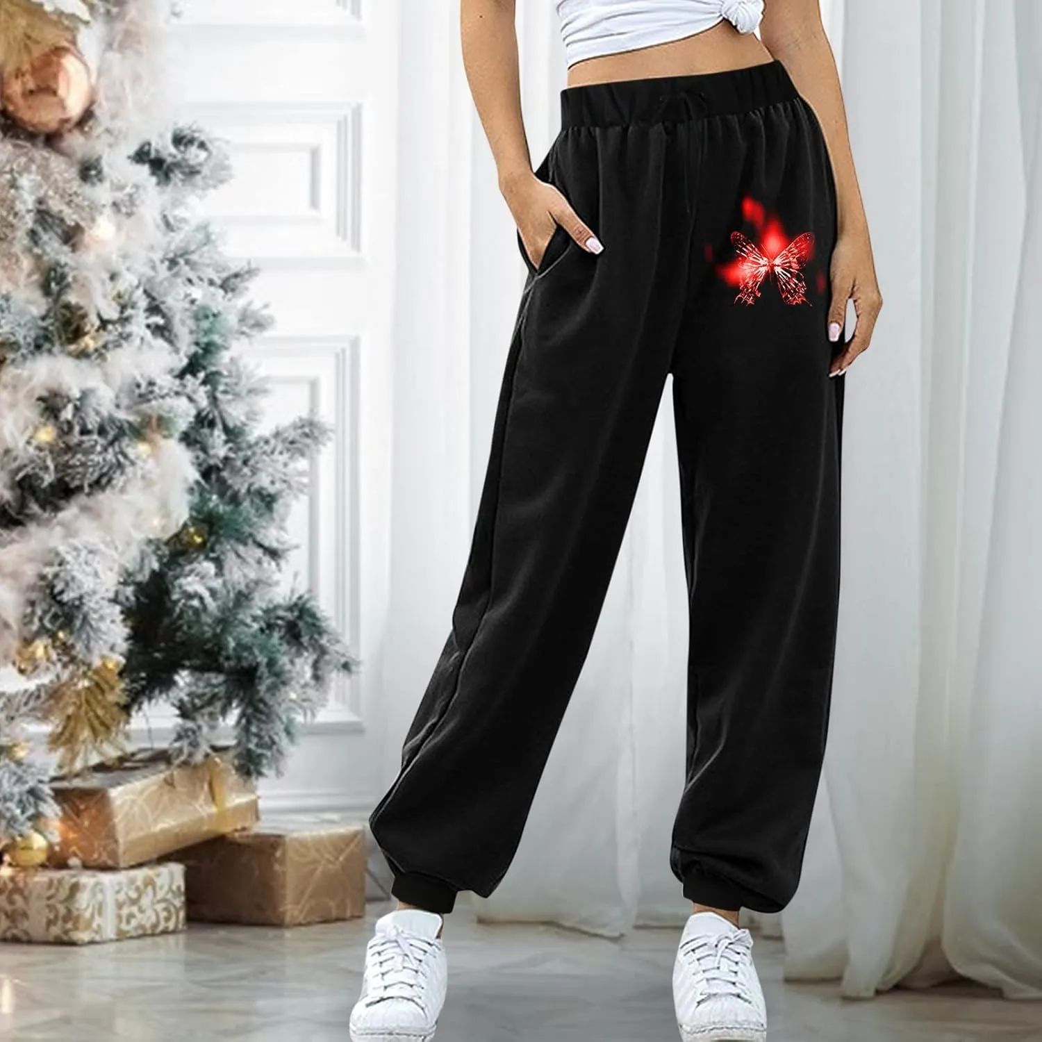 Women's Sweatpants Trendy High Waisted Graphic Petite Warm Trousers Workout Lounge Baggy Joggers with Pockets Holiday