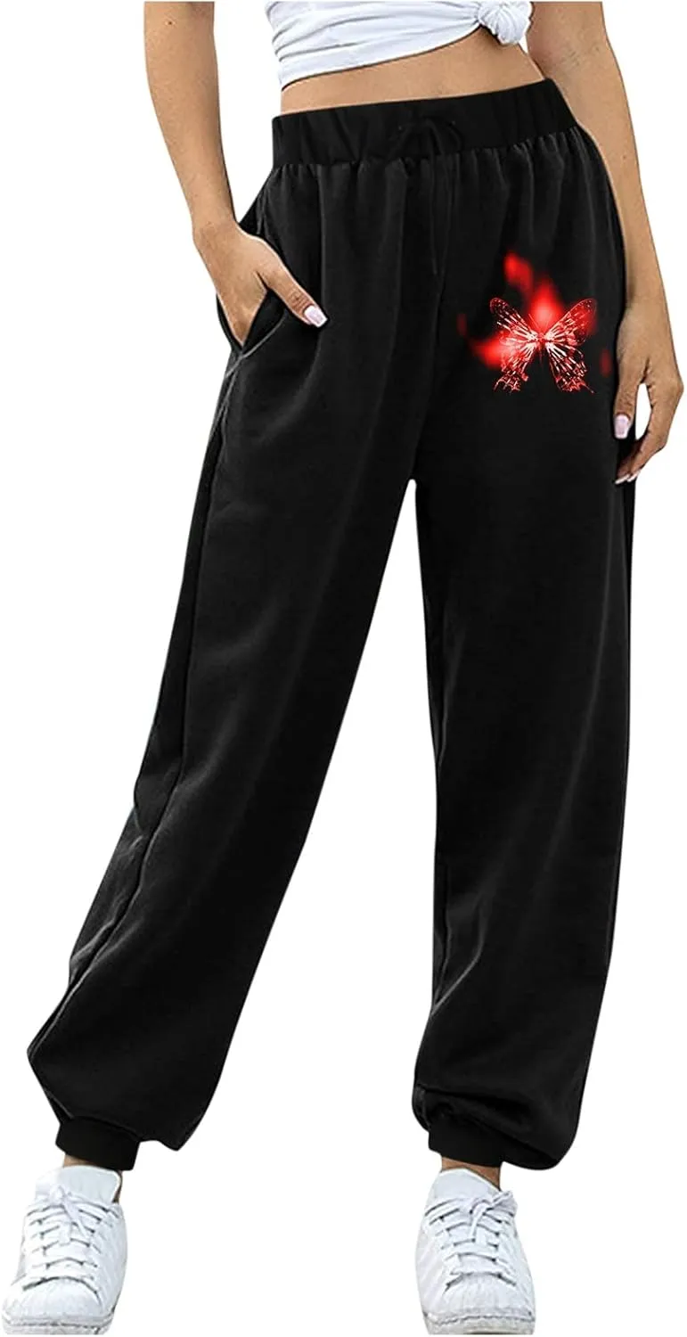 Women's Sweatpants Trendy High Waisted Graphic Petite Warm Trousers Workout Lounge Baggy Joggers with Pockets Holiday