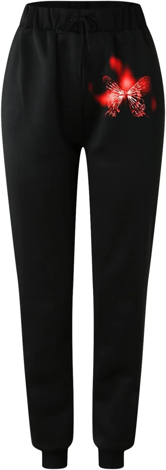 Women's Sweatpants Trendy High Waisted Graphic Petite Warm Trousers Workout Lounge Baggy Joggers with Pockets Holiday