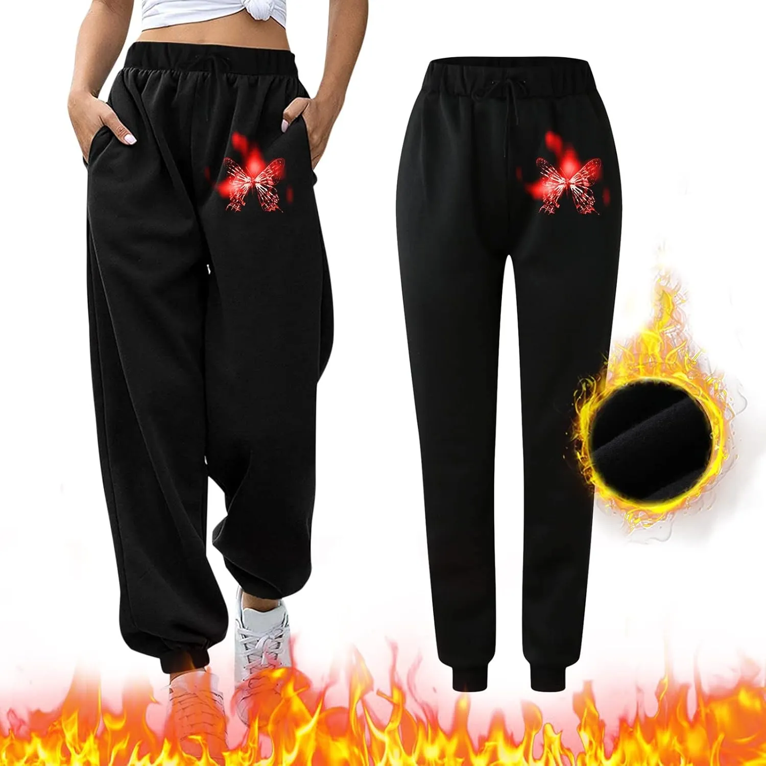 Women's Sweatpants Trendy High Waisted Graphic Petite Warm Trousers Workout Lounge Baggy Joggers with Pockets Holiday