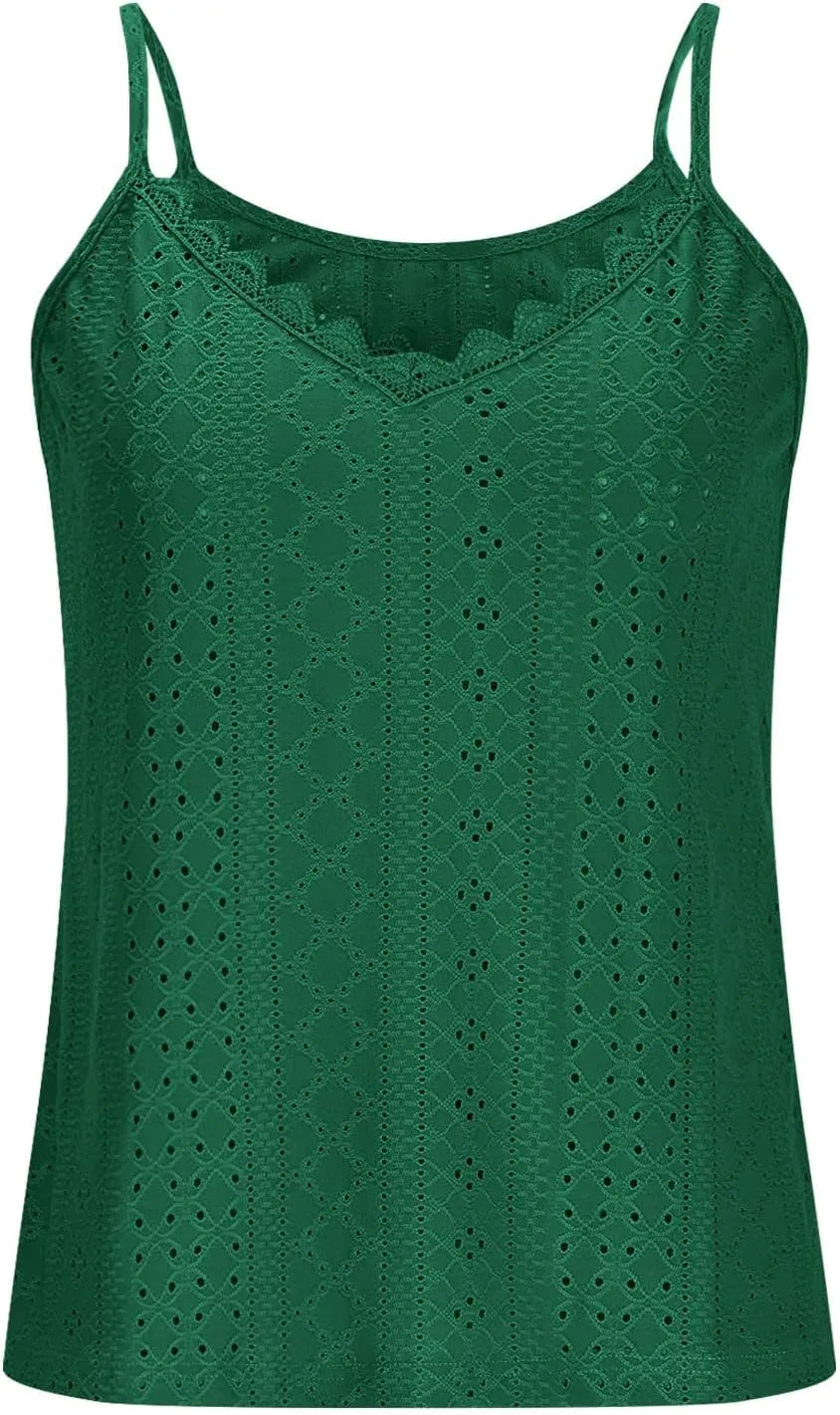 Womens Tank Tops Loose Fit V Neck Casual Lightweight Summer Tops Summer Beach Vacation Shirts Trendy Eyelet Lace Tee