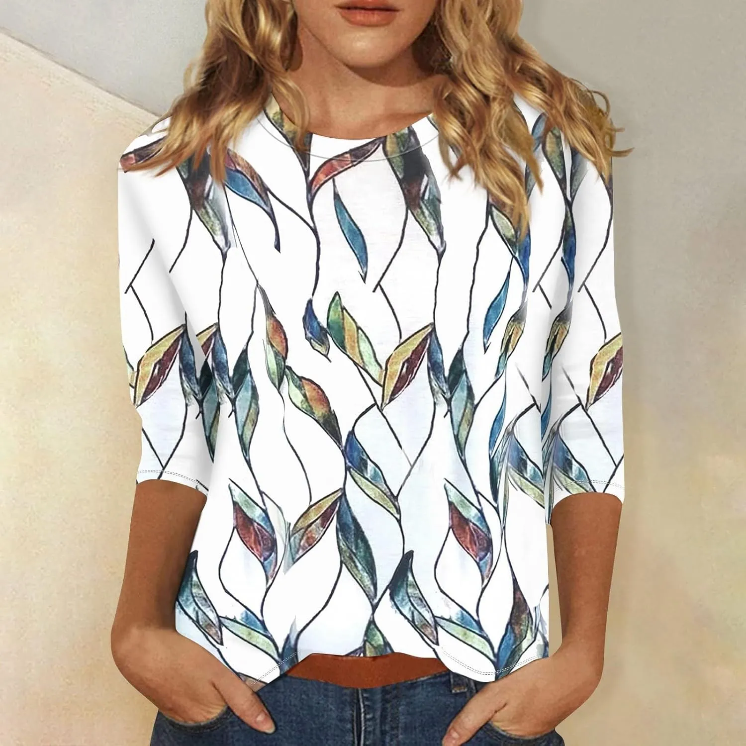 Womens Tops Dressy Casual 3/4 Sleeve,Elbow Sleeve T Shirt Top and Blouses Round Neck Shirts Flowers Graphic Tunic