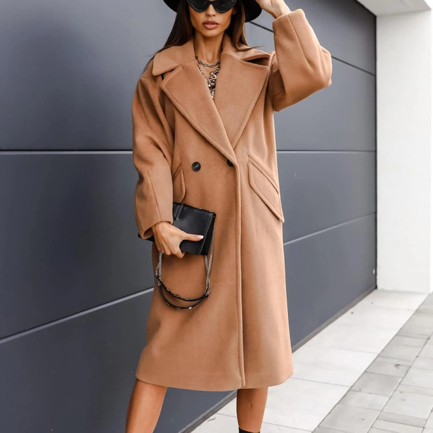 Women's Trench Coat Long Double-Breasted Blazer Bussiness Casual Cardigan Notch Lapel Elegant Jacket Wool Pea Coats