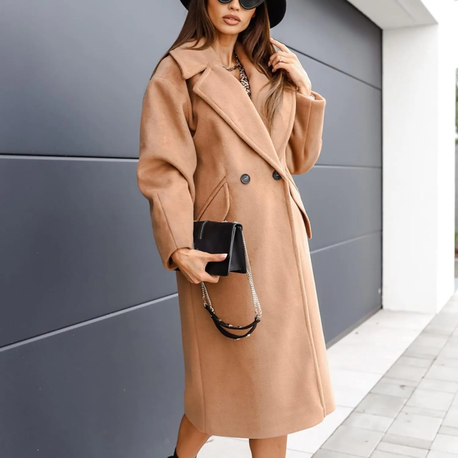 Women's Trench Coat Long Double-Breasted Blazer Bussiness Casual Cardigan Notch Lapel Elegant Jacket Wool Pea Coats