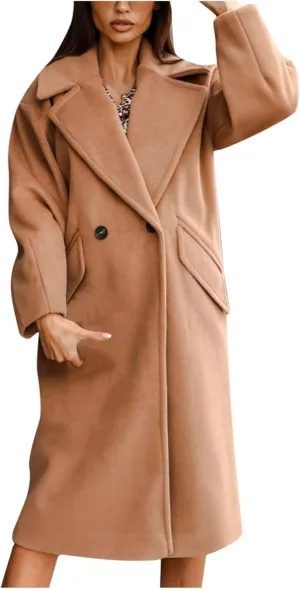 Women's Trench Coat Long Double-Breasted Blazer Bussiness Casual Cardigan Notch Lapel Elegant Jacket Wool Pea Coats
