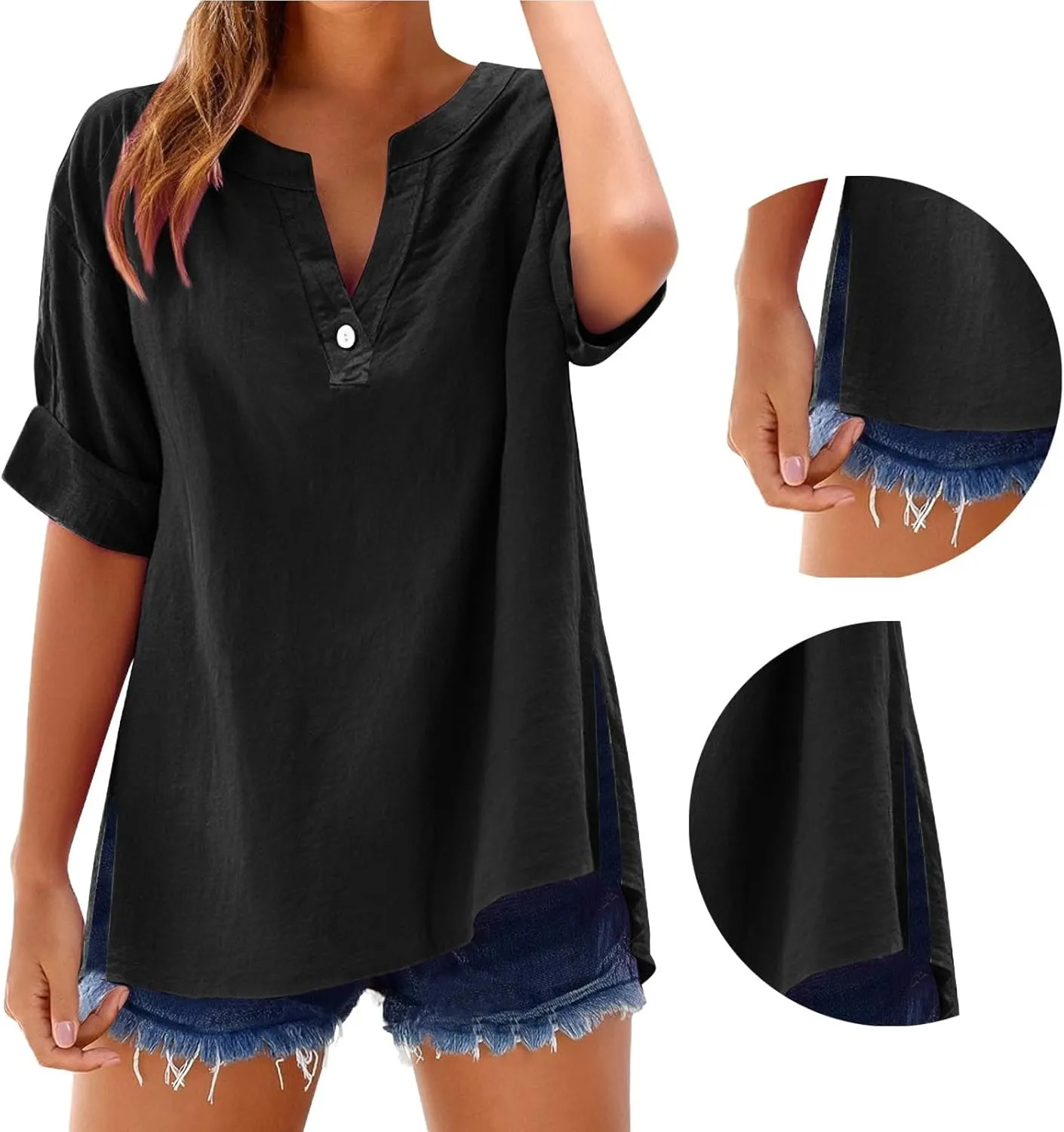Womens V Neck Linen Henley Shirts 2025 Trendy Short Sleeve Button Summer Tee Blouses Loose Dressy Vacation Tunic Tops