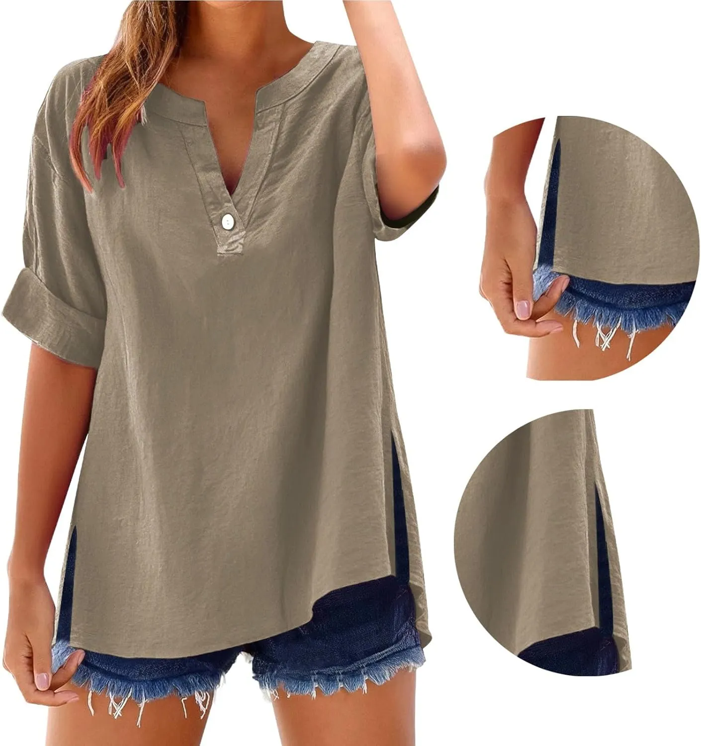 Womens V Neck Linen Henley Shirts 2025 Trendy Short Sleeve Button Summer Tee Blouses Loose Dressy Vacation Tunic Tops