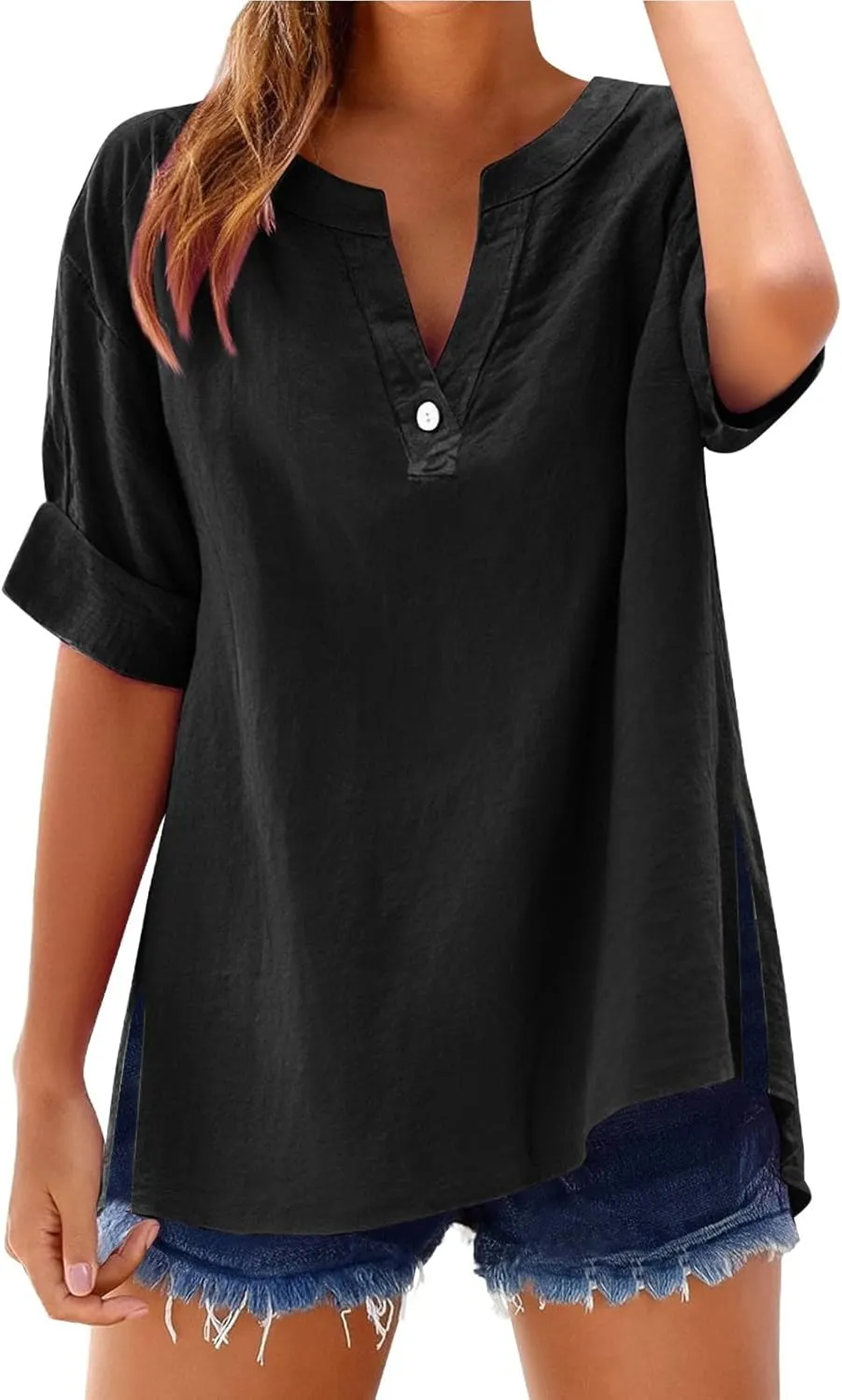 Womens V Neck Linen Henley Shirts 2025 Trendy Short Sleeve Button Summer Tee Blouses Loose Dressy Vacation Tunic Tops