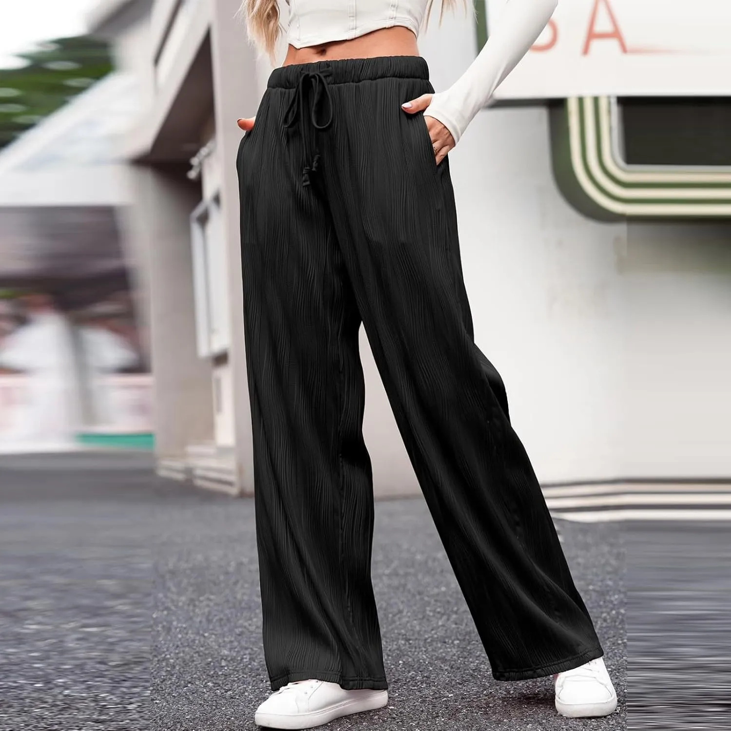 Women's Wide-Leg Sweatpants, Drawstring High Waisted Baggy Causal Athletic Flared Joggers Sweat Pants with Pockets