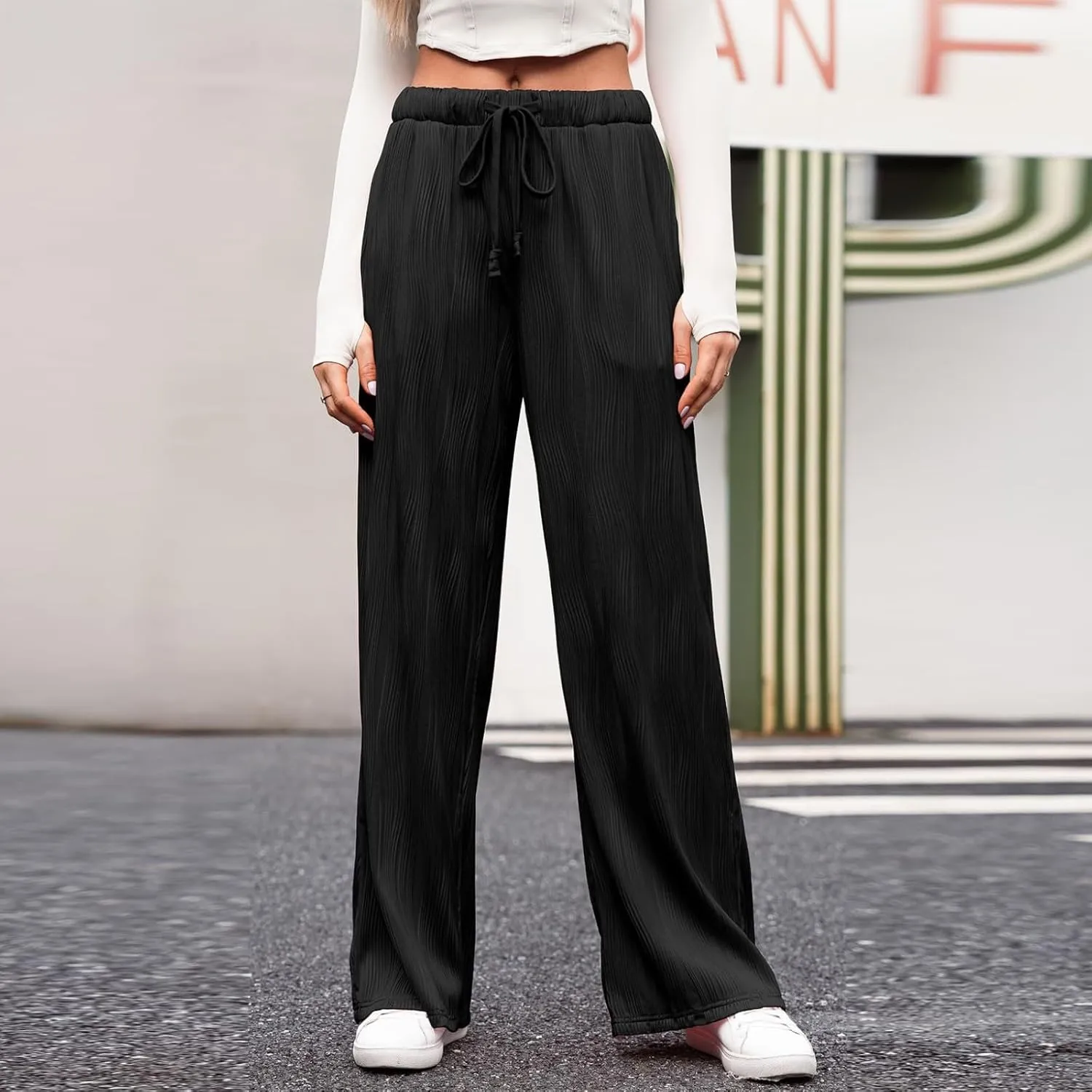 Women's Wide-Leg Sweatpants, Drawstring High Waisted Baggy Causal Athletic Flared Joggers Sweat Pants with Pockets