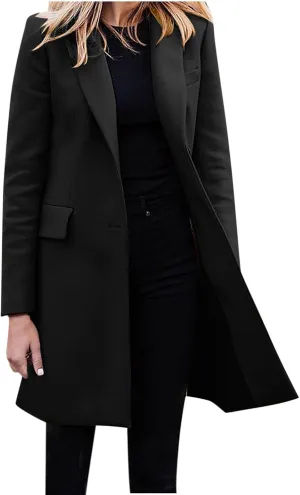 Women's Winter Double Breasted Pea Coat Wool Blend Long Sleeve Notch Lapel Casual Long Trench Coat Open Front Jacket