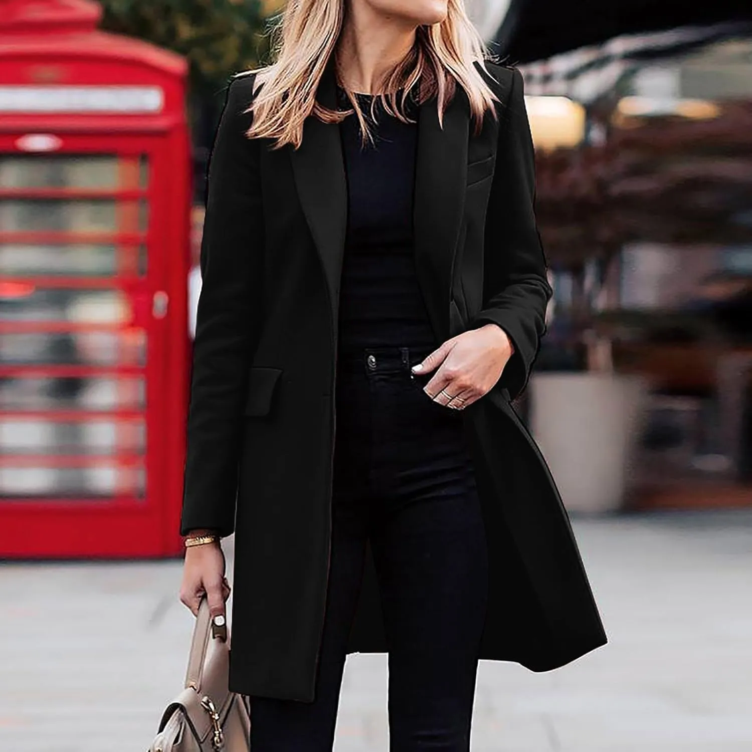 Women's Winter Double Breasted Pea Coat Wool Blend Long Sleeve Notch Lapel Casual Long Trench Coat Open Front Jacket