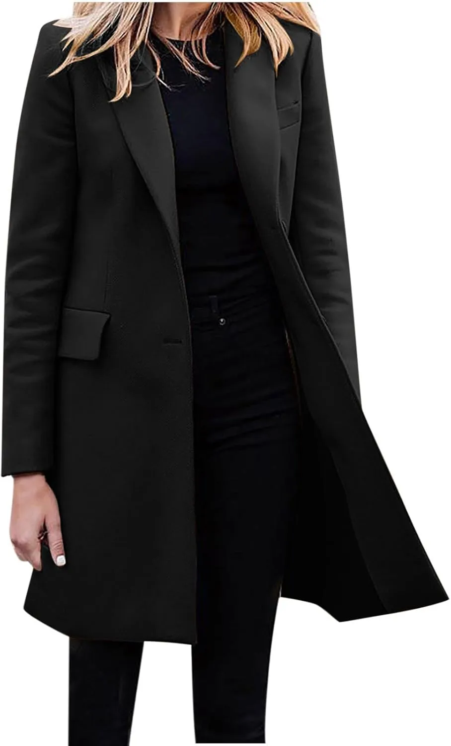 Women's Winter Double Breasted Pea Coat Wool Blend Long Sleeve Notch Lapel Casual Long Trench Coat Open Front Jacket