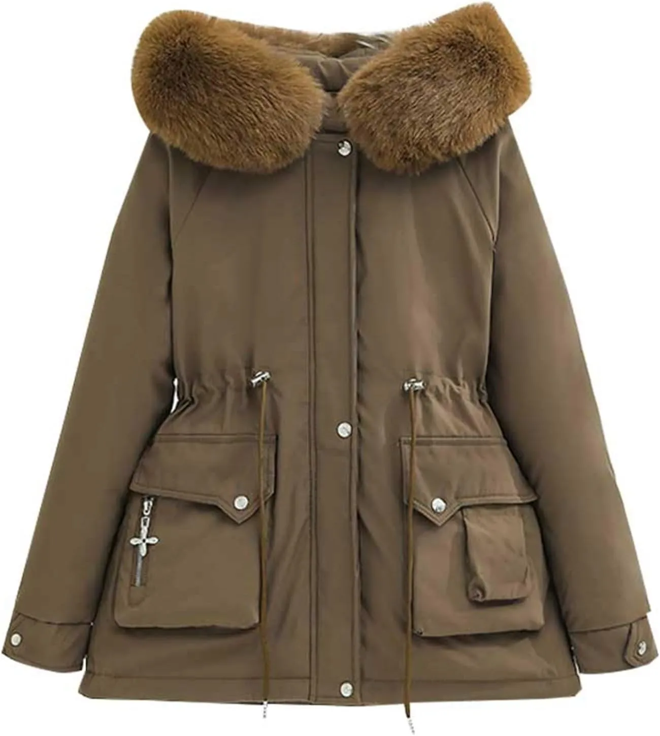 Women's Winter Puffer Coat Thicken Fleece Lined Down Jacket Waterproof Faux Fur Detachable Hooded Warm Parka Outwear