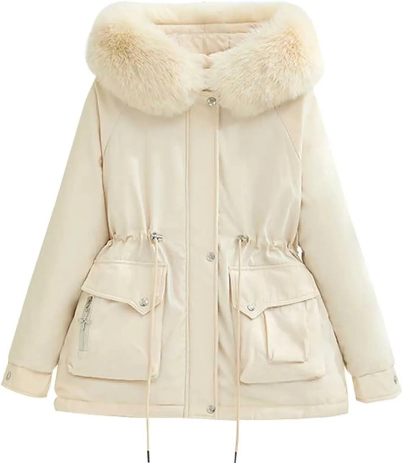 Women's Winter Puffer Coat Thicken Fleece Lined Down Jacket Waterproof Faux Fur Detachable Hooded Warm Parka Outwear
