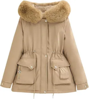 Women's Winter Puffer Coat Thicken Fleece Lined Down Jacket Waterproof Faux Fur Detachable Hooded Warm Parka Outwear