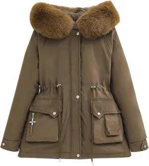 Women's Winter Puffer Coat Thicken Fleece Lined Down Jacket Waterproof Faux Fur Detachable Hooded Warm Parka Outwear