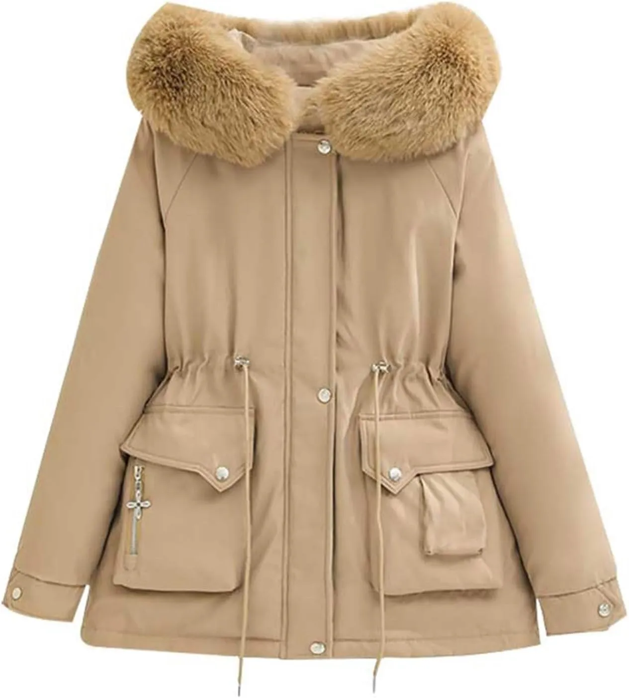 Women's Winter Puffer Coat Thicken Fleece Lined Down Jacket Waterproof Faux Fur Detachable Hooded Warm Parka Outwear