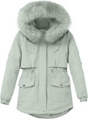 Women's Winter Puffer Coat Thicken Waterproof Fleece Down Jacket with Detachable Faux Fur Hooded Warm Parka Outwear