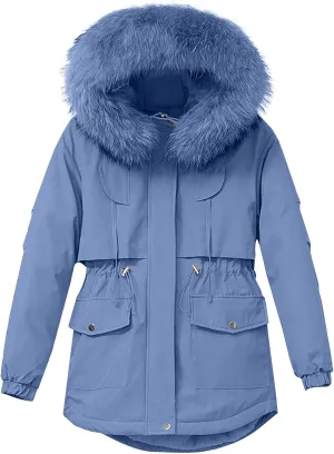 Women's Winter Puffer Coat Thicken Waterproof Fleece Down Jacket with Detachable Faux Fur Hooded Warm Parka Outwear