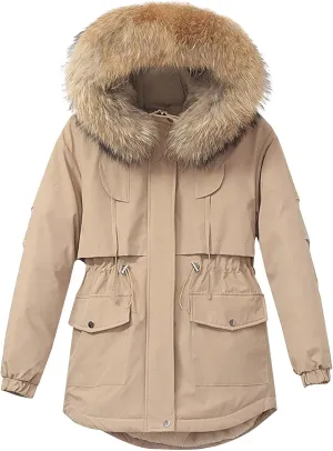 Women's Winter Puffer Coat Thicken Waterproof Fleece Down Jacket with Detachable Faux Fur Hooded Warm Parka Outwear