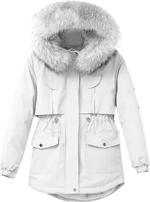 Women's Winter Puffer Coat Thicken Waterproof Fleece Down Jacket with Detachable Faux Fur Hooded Warm Parka Outwear