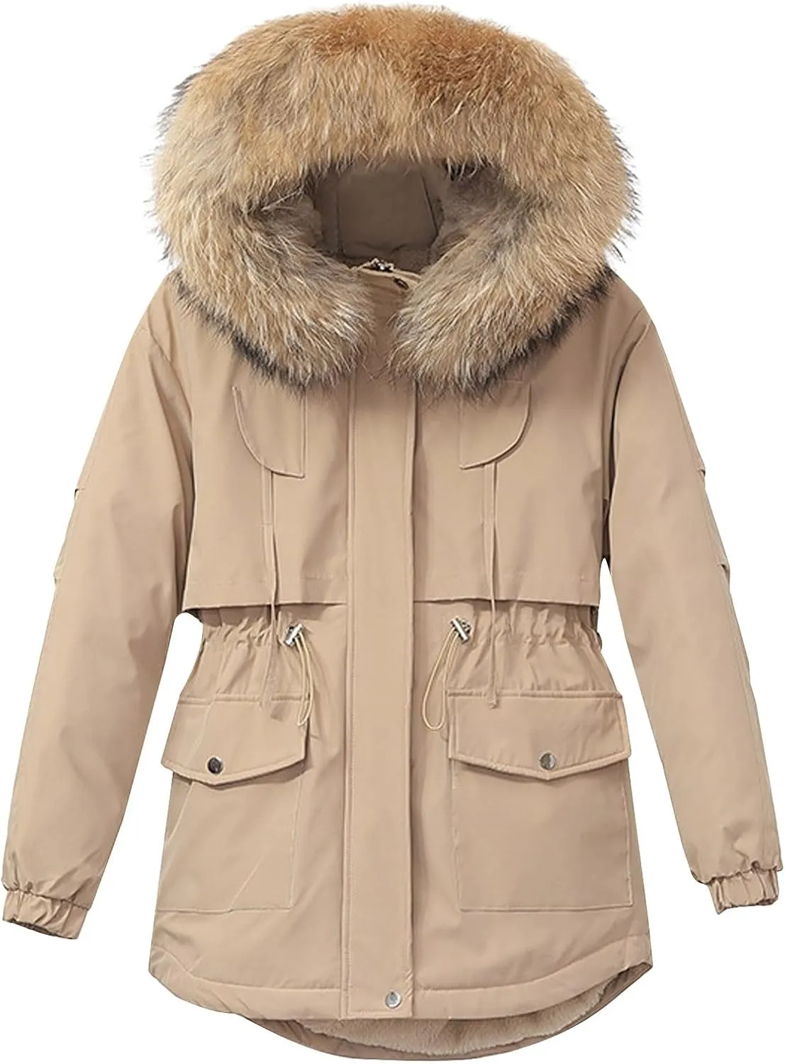 Women's Winter Puffer Coat Thicken Waterproof Fleece Down Jacket with Detachable Faux Fur Hooded Warm Parka Outwear