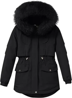 Women's Winter Puffer Coat Thicken Waterproof Fleece Down Jacket with Detachable Faux Fur Hooded Warm Parka Outwear