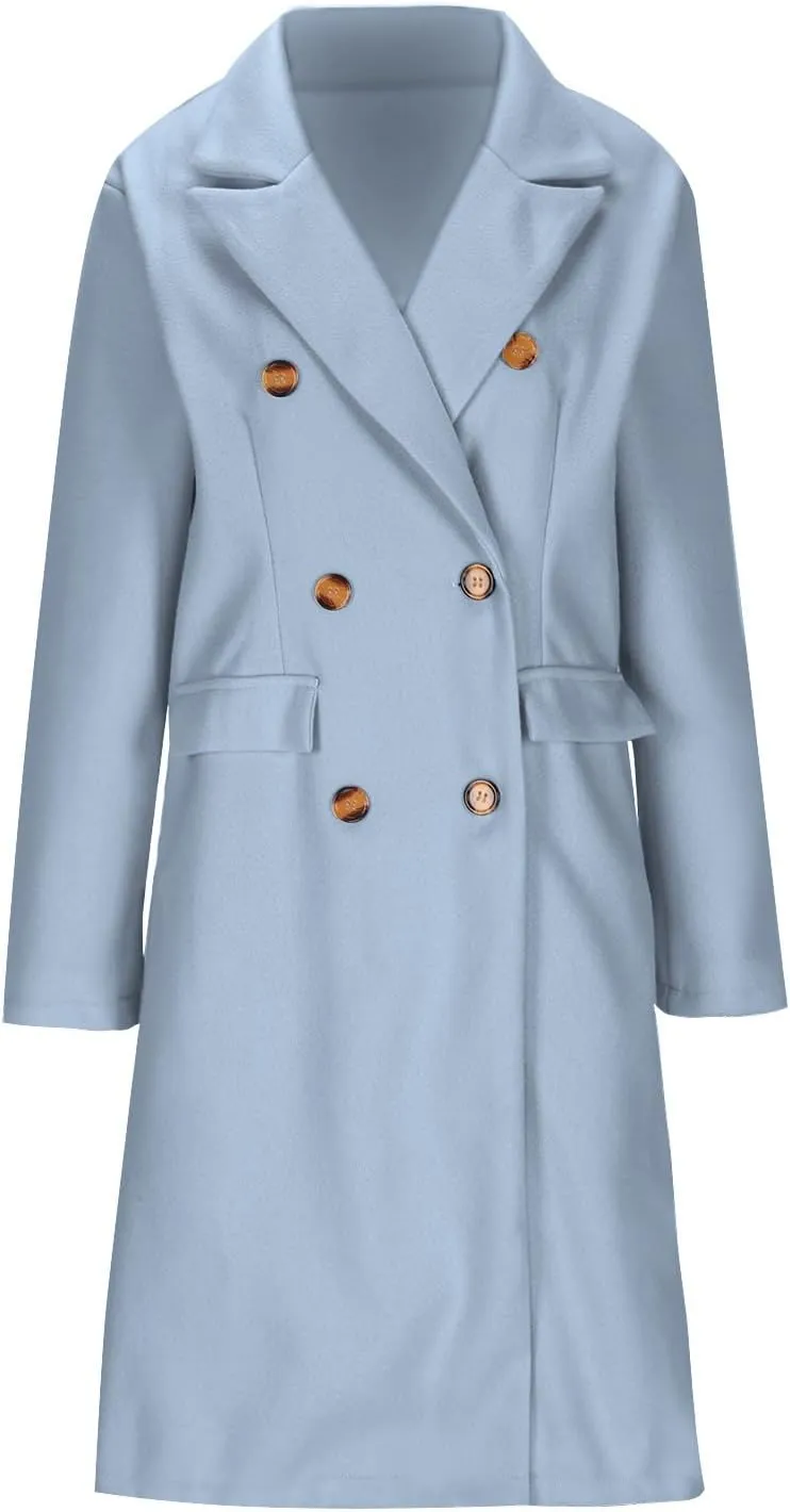 Women's Winter Wool Coats Double-Breasted Notched Lapel Warm Work Jacket Midi Long Peacoat Long Sleeve Solid Pea Coat