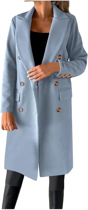 Women's Winter Wool Coats Double-Breasted Notched Lapel Warm Work Jacket Midi Long Peacoat Long Sleeve Solid Pea Coat