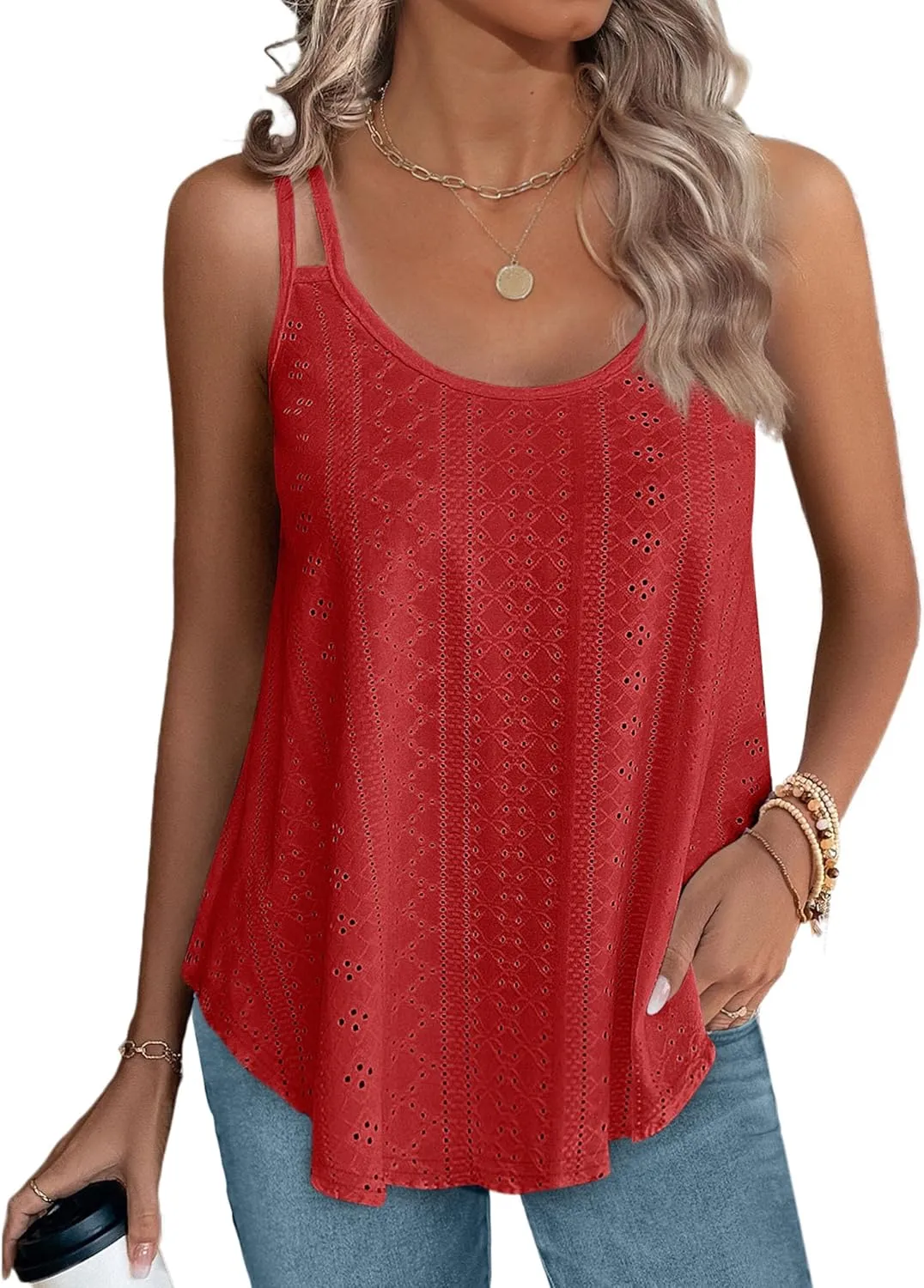 XIEERDUO Womens Tank Tops Spaghetti Strap Camisoles Eyelet Embroidery Scoop Neck Tops