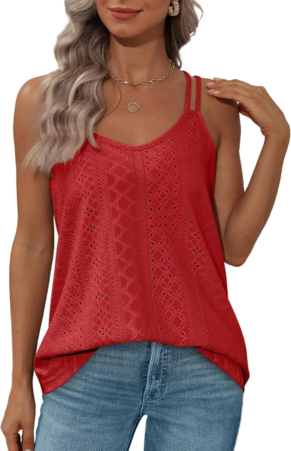 XIEERDUO Womens Tank Tops Spaghetti Strap Camisoles Eyelet Embroidery Scoop Neck Tops