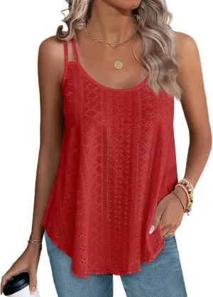 XIEERDUO Womens Tank Tops Spaghetti Strap Camisoles Eyelet Embroidery Scoop Neck Tops