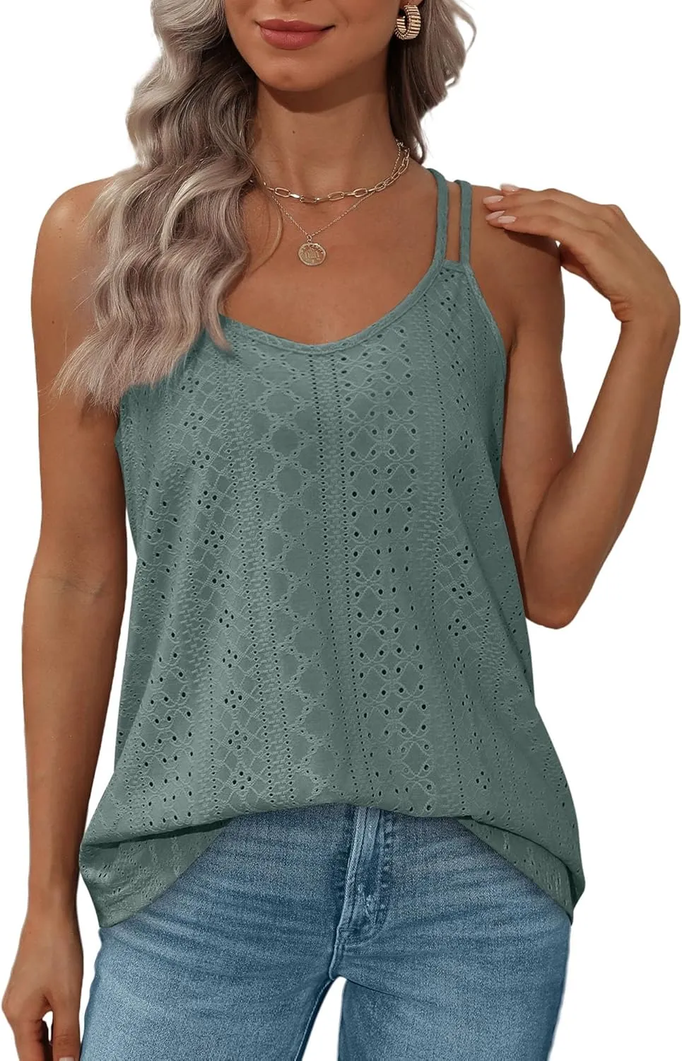 XIEERDUO Womens Tank Tops Spaghetti Strap Camisoles Eyelet Embroidery Scoop Neck Tops