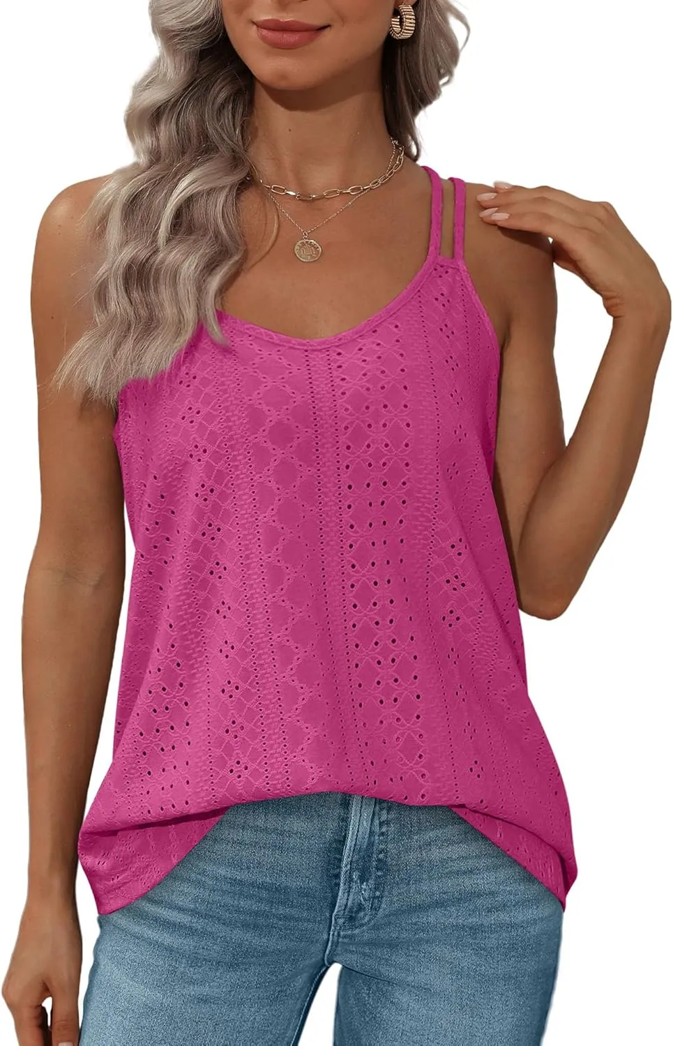 XIEERDUO Womens Tank Tops Spaghetti Strap Camisoles Eyelet Embroidery Scoop Neck Tops