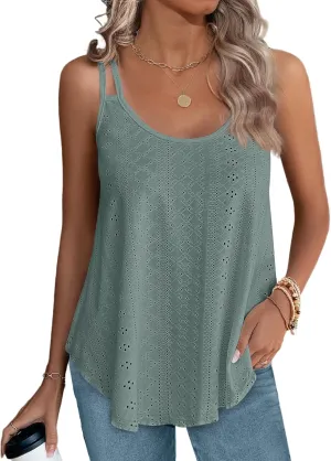 XIEERDUO Womens Tank Tops Spaghetti Strap Camisoles Eyelet Embroidery Scoop Neck Tops