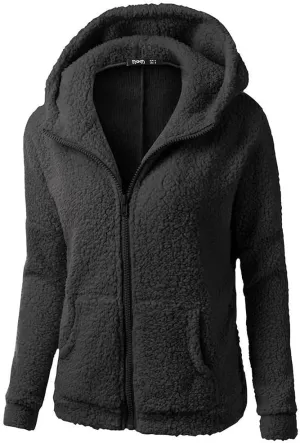 XUETON Womens Winter Warm Fleece Hoodie Jacket Coat Sherpa Lined Faux Fuzzy Long Sleeve Casual Zip Up Hooded Bomber Coat Black
