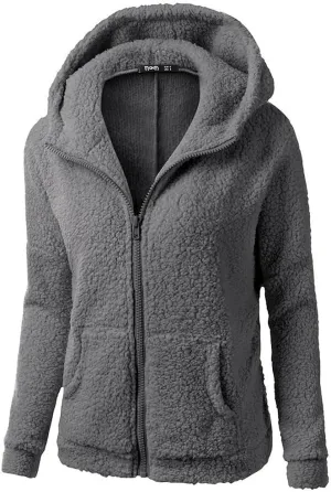 XUETON Womens Winter Warm Fleece Hoodie Jacket Coat Sherpa Lined Faux Fuzzy Long Sleeve Casual Zip Up Hooded Bomber Coat Dark Grey