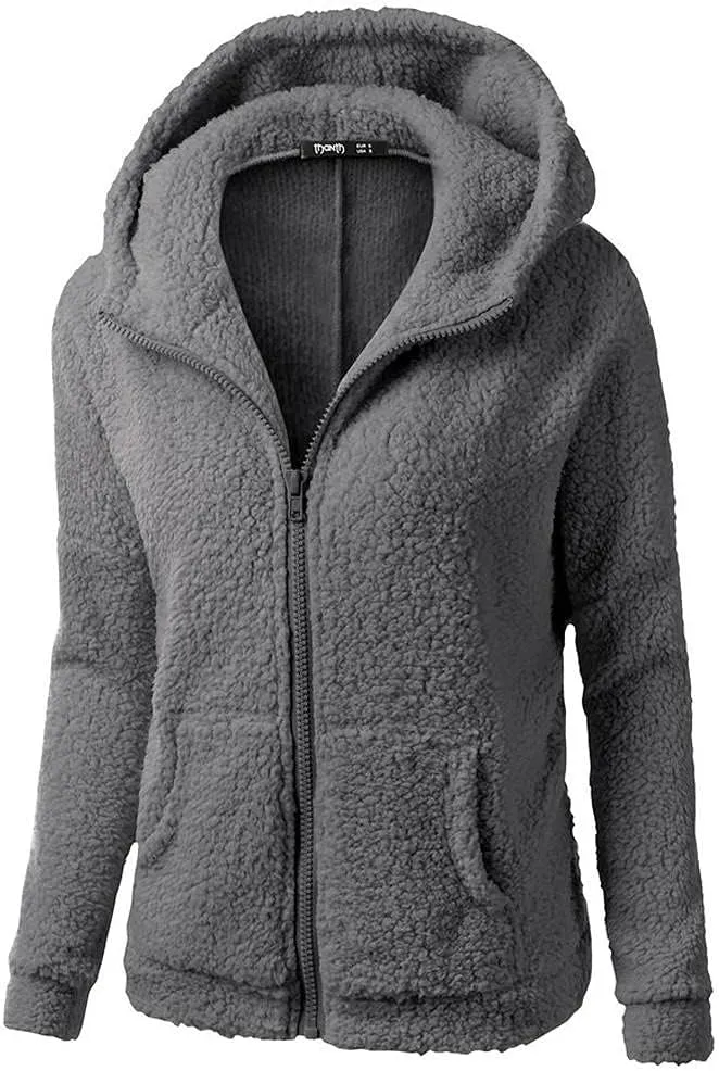 XUETON Womens Winter Warm Fleece Hoodie Jacket Coat Sherpa Lined Faux Fuzzy Long Sleeve Casual Zip Up Hooded Bomber Coat Dark Grey