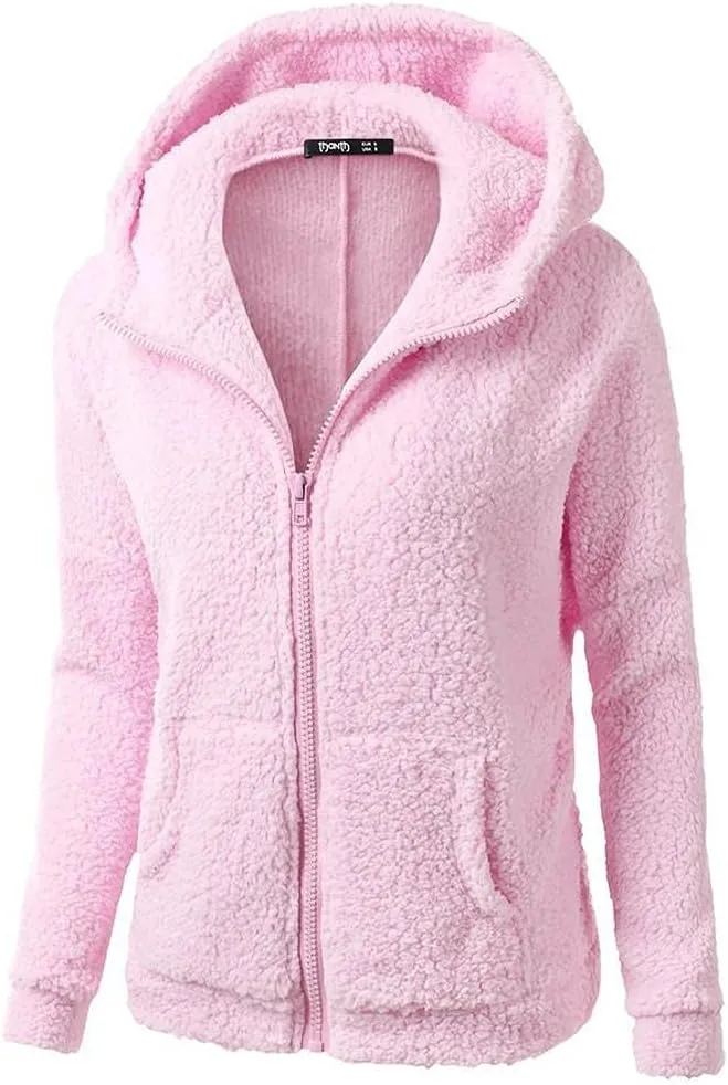 XUETON Womens Winter Warm Fleece Hoodie Jacket Coat Sherpa Lined Faux Fuzzy Long Sleeve Casual Zip Up Hooded Bomber Coat Pink
