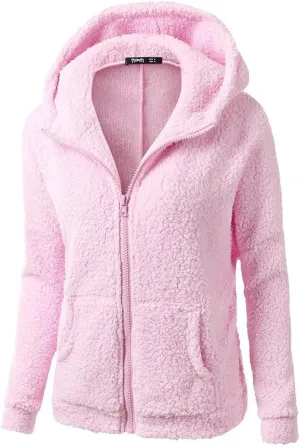 XUETON Womens Winter Warm Fleece Hoodie Jacket Coat Sherpa Lined Faux Fuzzy Long Sleeve Casual Zip Up Hooded Bomber Coat Pink