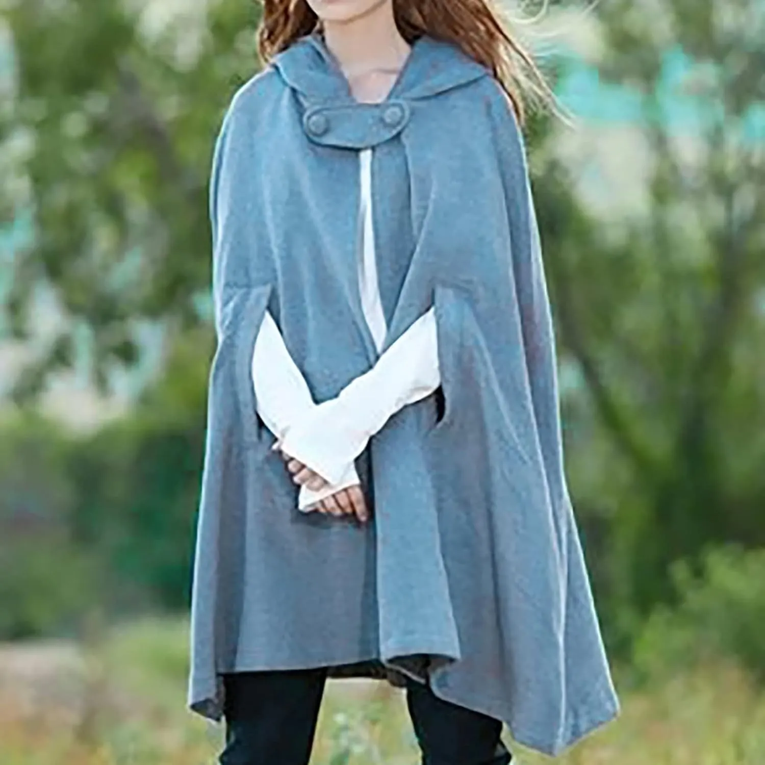 XUNRYAN Womens Renaissance Wool Blend Cloak with Hood Vintage Robes Solid Casual Cropped Cape Coat Cosplay Halloween Costume