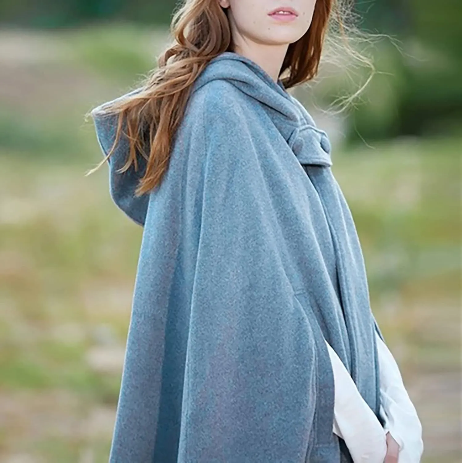 XUNRYAN Womens Renaissance Wool Blend Cloak with Hood Vintage Robes Solid Casual Cropped Cape Coat Cosplay Halloween Costume