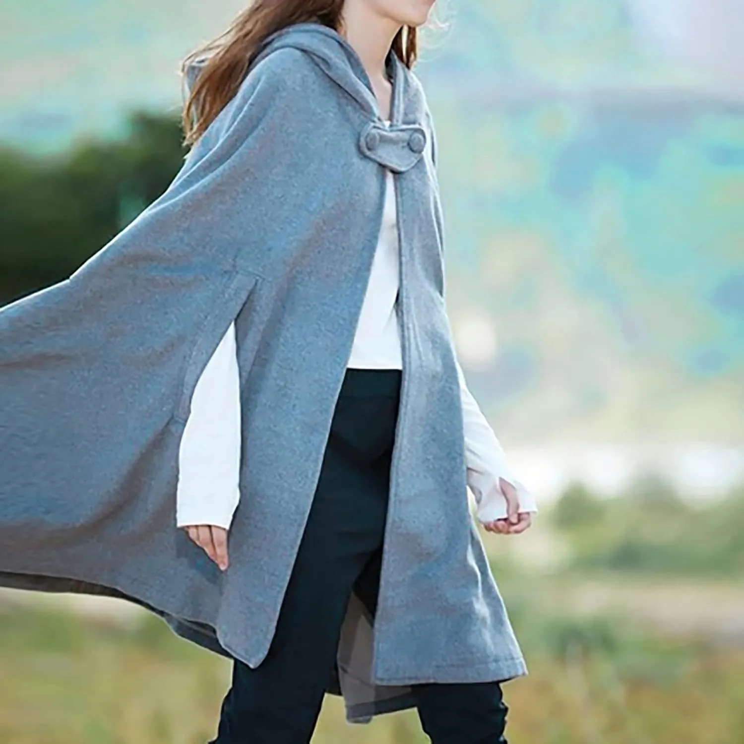 XUNRYAN Womens Renaissance Wool Blend Cloak with Hood Vintage Robes Solid Casual Cropped Cape Coat Cosplay Halloween Costume