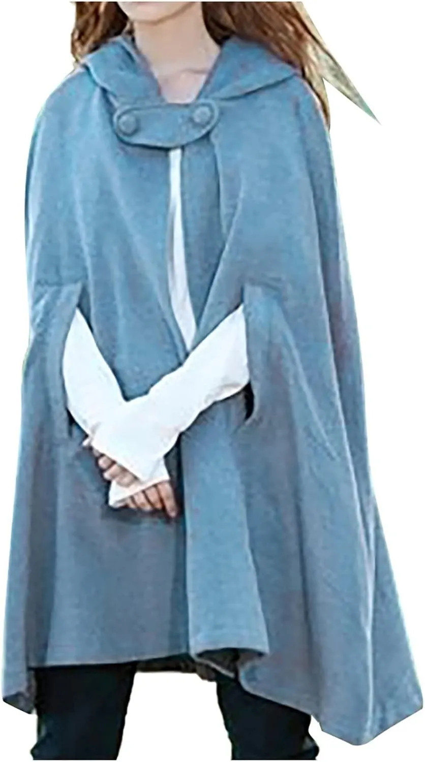 XUNRYAN Womens Renaissance Wool Blend Cloak with Hood Vintage Robes Solid Casual Cropped Cape Coat Cosplay Halloween Costume