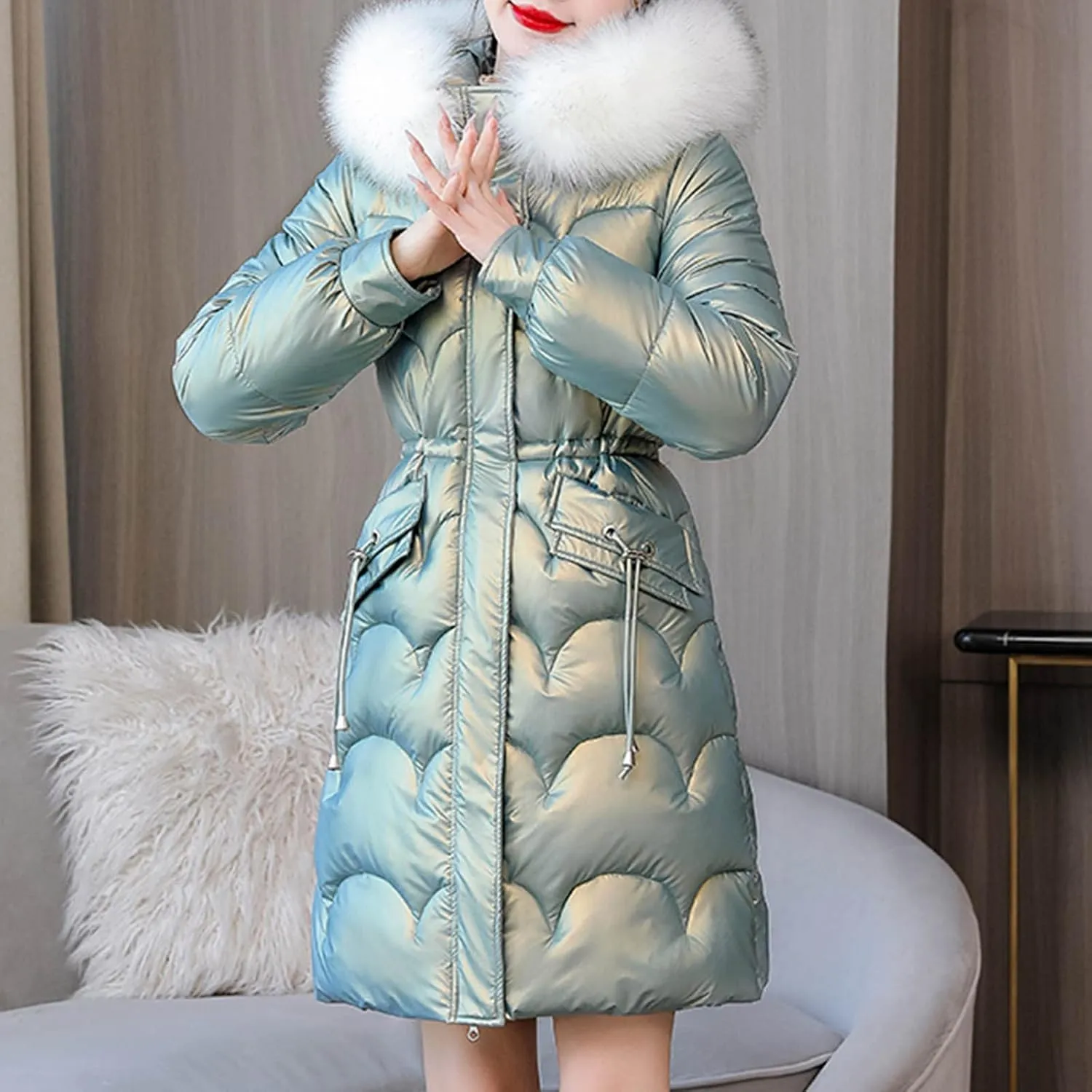 XUNRYAN Womens Shiny Winter Warm Down Coat Long Puffer Jackets Quilted Lightweight Outdoor Faux-Fur Anoraks Parka Outerwear