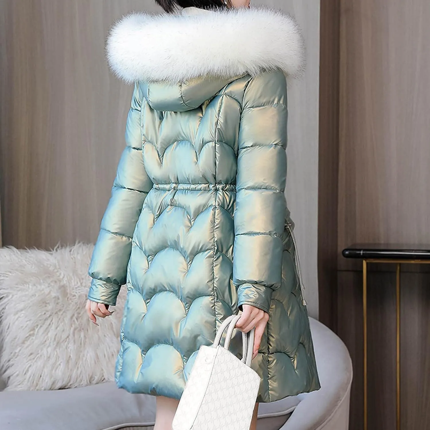 XUNRYAN Womens Shiny Winter Warm Down Coat Long Puffer Jackets Quilted Lightweight Outdoor Faux-Fur Anoraks Parka Outerwear