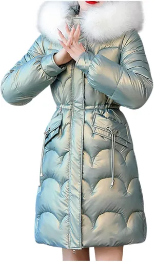 XUNRYAN Womens Shiny Winter Warm Down Coat Long Puffer Jackets Quilted Lightweight Outdoor Faux-Fur Anoraks Parka Outerwear