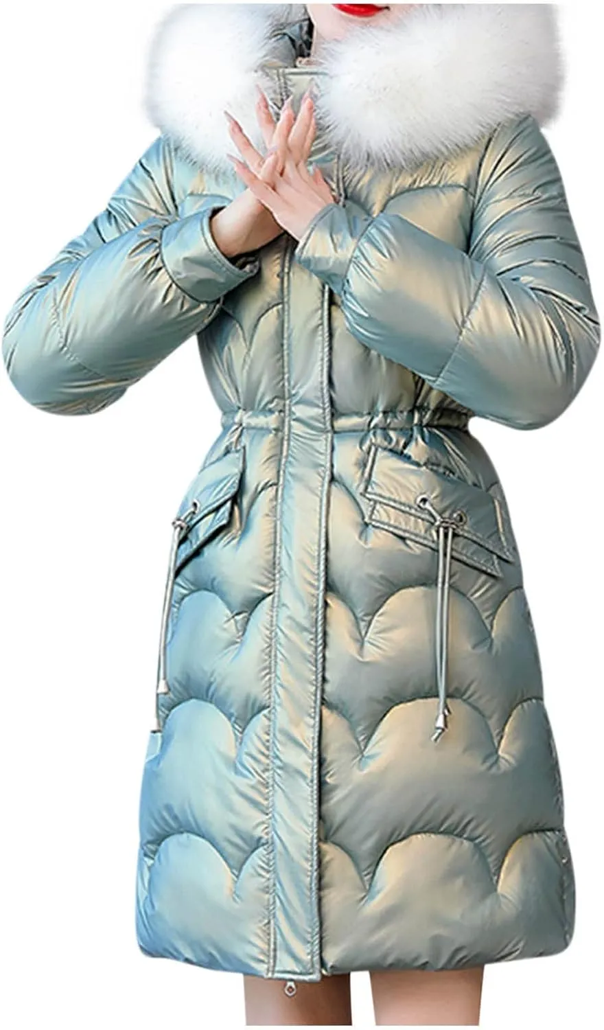 XUNRYAN Womens Shiny Winter Warm Down Coat Long Puffer Jackets Quilted Lightweight Outdoor Faux-Fur Anoraks Parka Outerwear